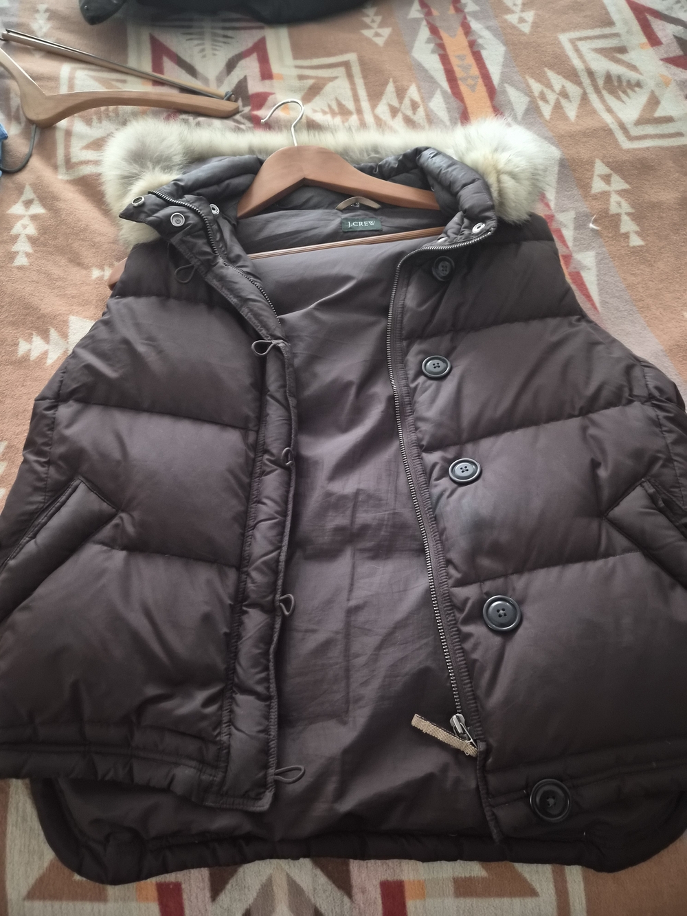 J.CREW Brown Down Puffer Vest Detachable Hood Faux Fur Trim